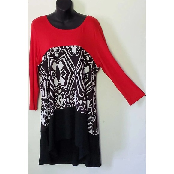 Midnight Velvet Long Sleeve Color Block Red Black White High Low Hem Large - Picture 1 of 11